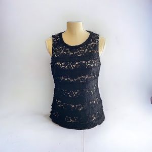 J. CREW Sleeveless Blouse Black Floral Lace Frayed Hem Scoop Neck Tan Lined Top